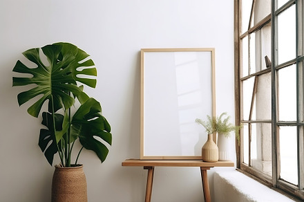 Blank print frame mockup with plants and decor on light backgrou, a Photo by Dvoevnore photos