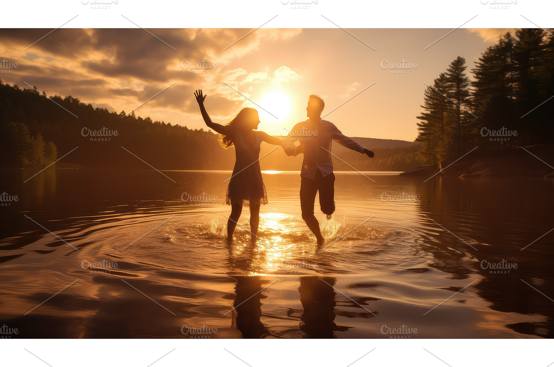 fun lake couple splash ai generated, a Nature Photo by pikepicture