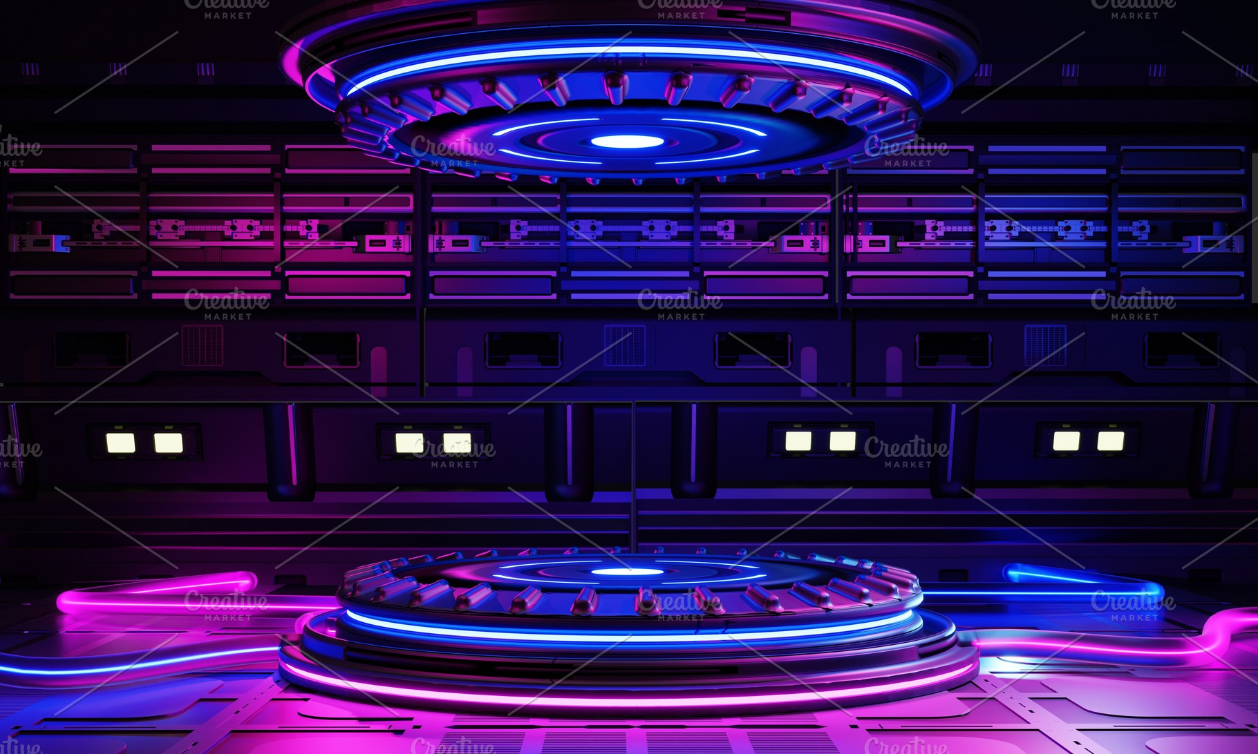 Cyberpunk sci-fi product podium showcase in spaceship base with blue and pink b, a Technology Photo by Ministocker