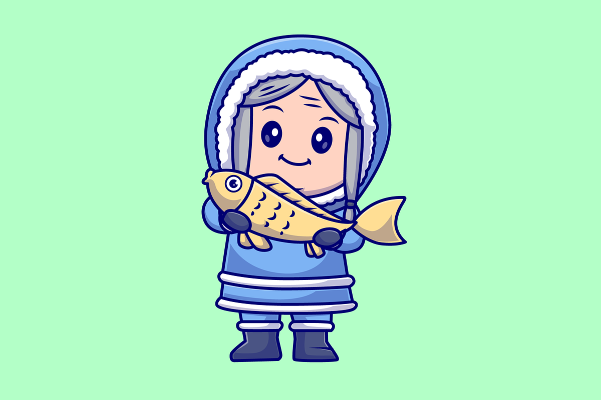Cute Grandmother Holding Fish, a Person Illustration by Catalyst Labs