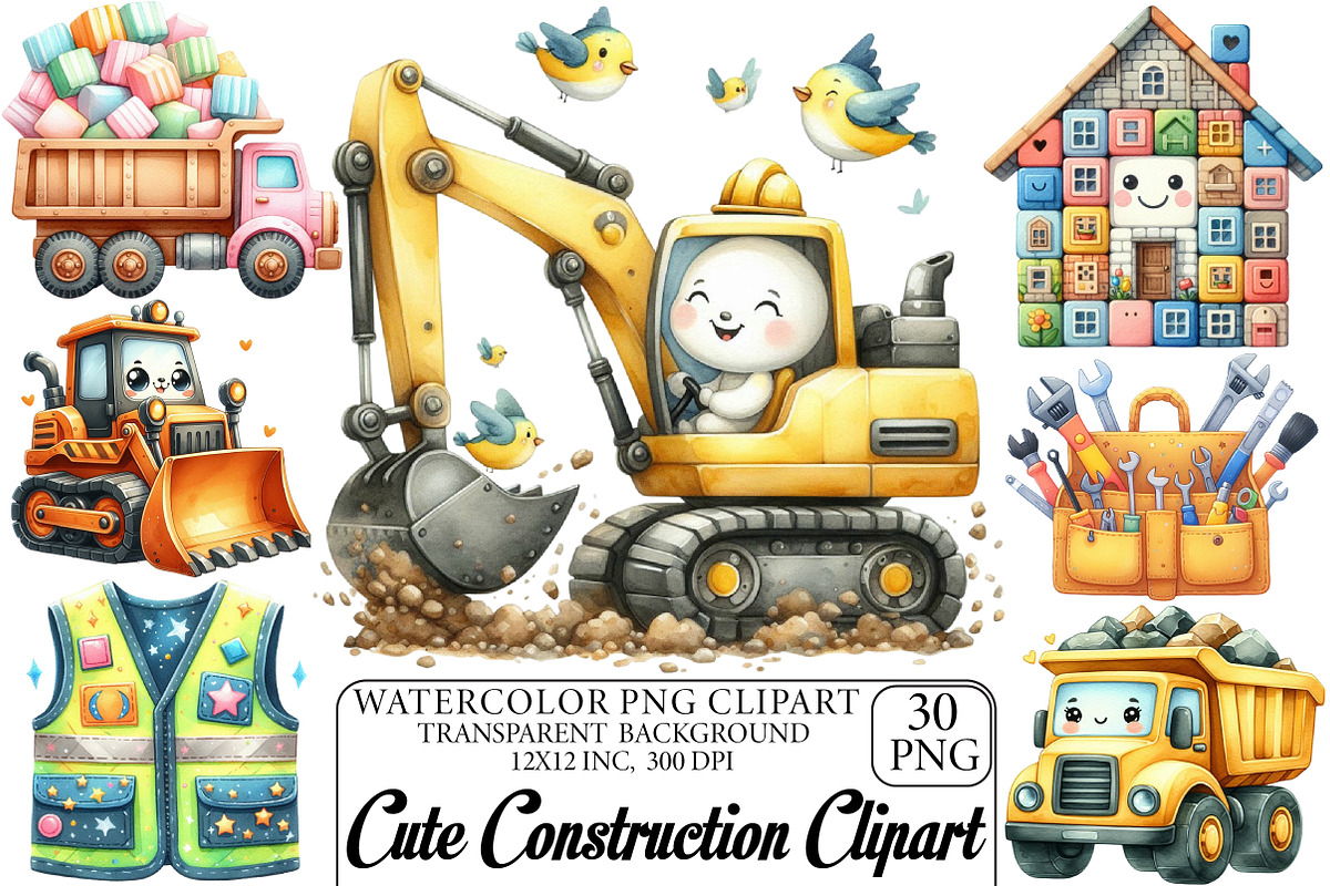 Cute Construction Watercolor Clipart, an Illustration by DreamPrint404 (Photo 1 of 6)