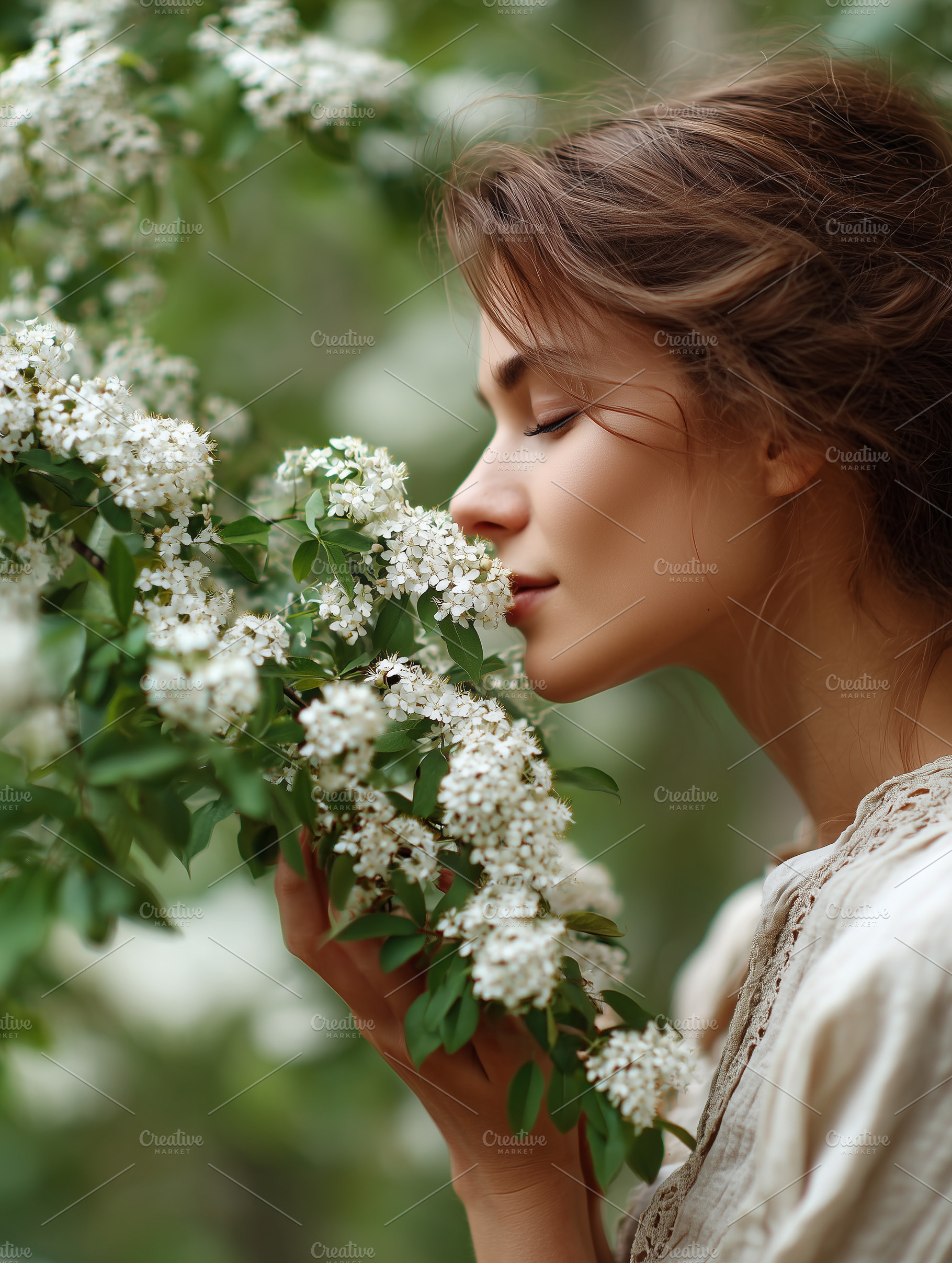 Serene young woman gently smelling, a Person Photo by MistyDay