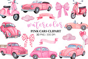 Watercolor Pink Cars Clipart PNG, a Transportation Illustration by PatternPalette (Thumbnail 1 of 2)