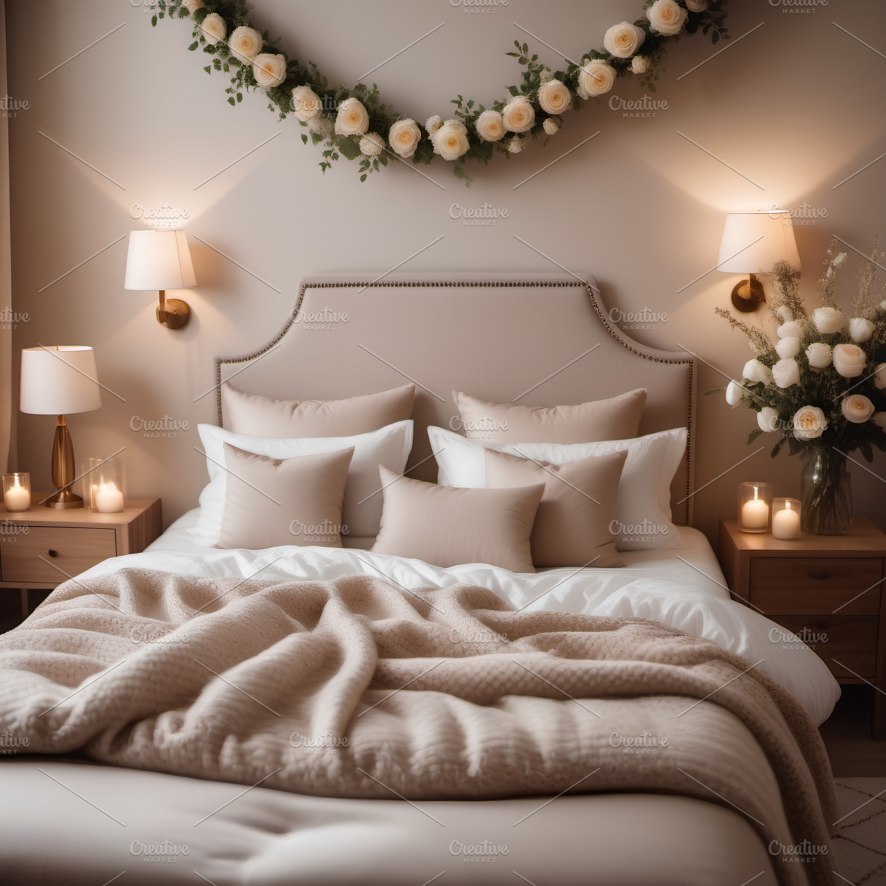 Bed with pillows in a beige interior, an Architecture Photo by Edalin's Store