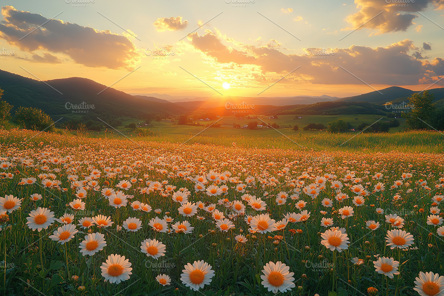Summer blossoms in a vibrant meadow at sunset with rolling hills and colorful s, a Nature Photo by AlyaAnd