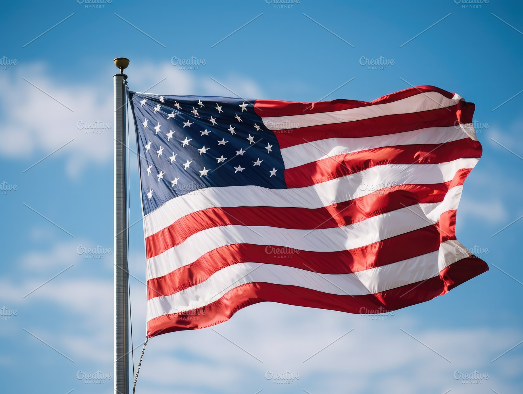 American flag waving proudly in the, a Photo by SaroStock