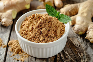Ground dry ginger in bowl on wooden background, a Food & Drink Photo by AlyaAnd
