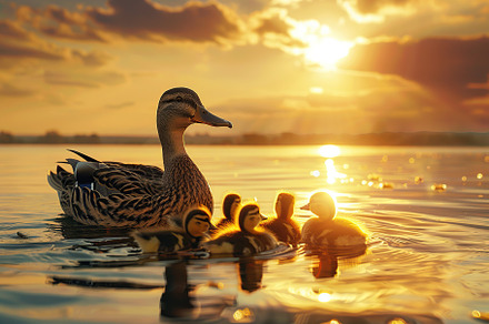 Duck and ducklings swimming into the pond, an Animal Photo by AlyaAnd