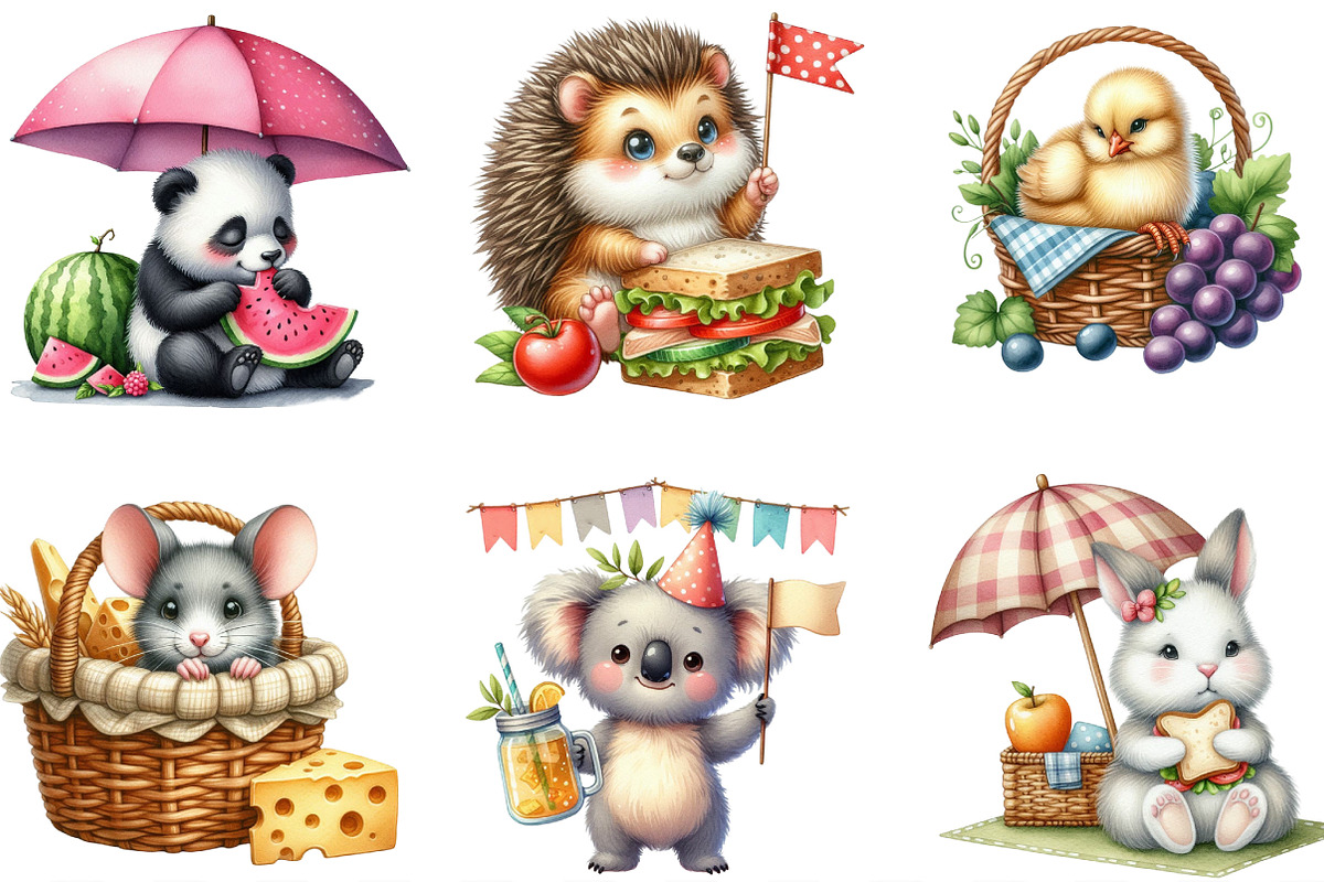 Cute Picnic Party Watercolor Animals, an Illustration by Designking (Photo 3 of 4)
