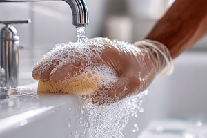 Washing dishes while wearing gloves in a bright kitchen with running water and, a Photo by AlyaAnd