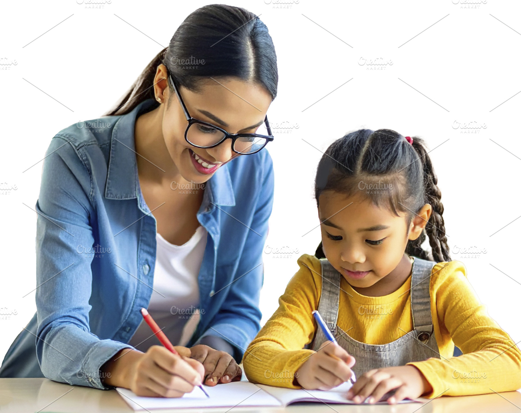 Young teacher with asian girl at classroom isolated photo, a Person Photo by DanFLCreativo