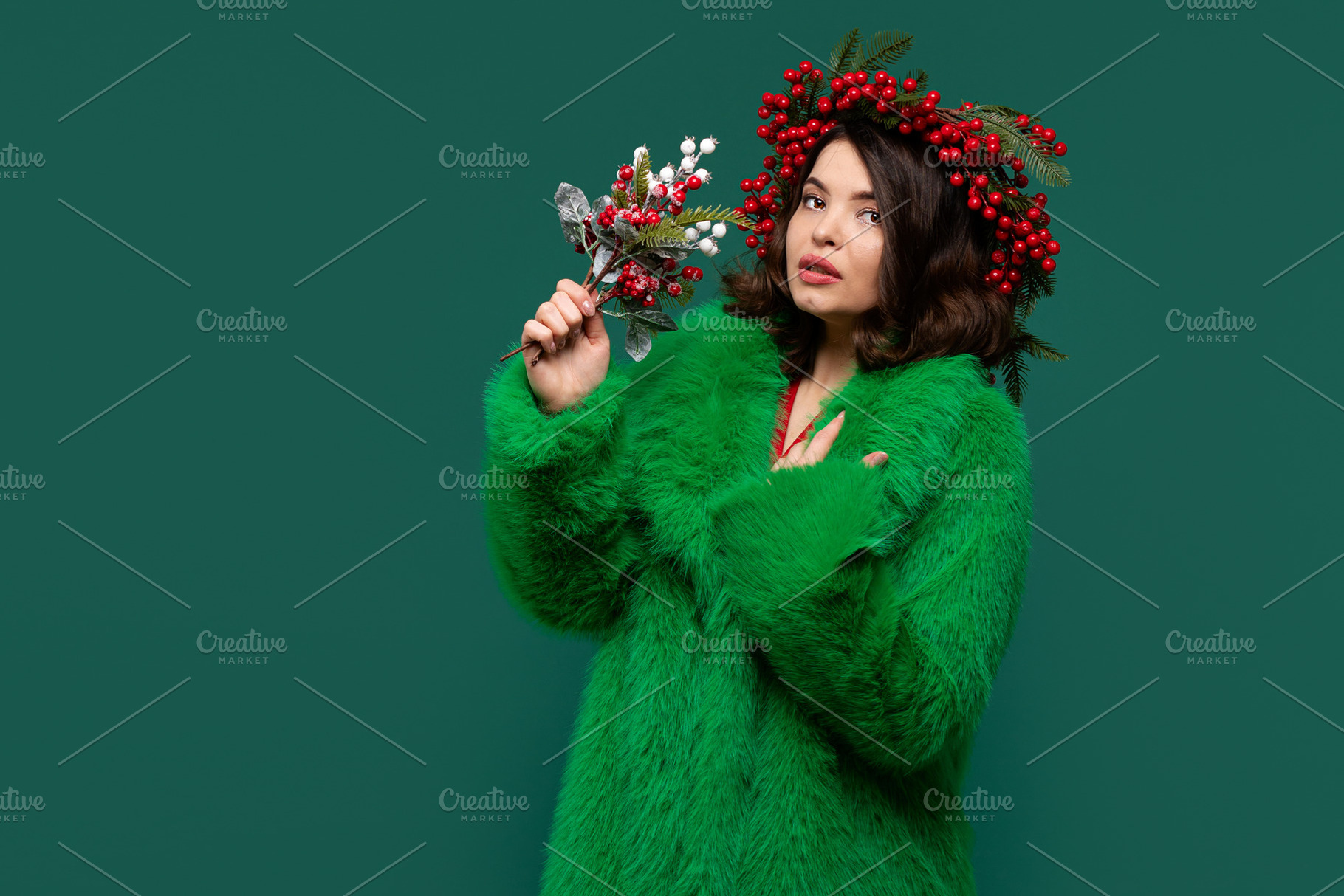 Elegant woman in green coat, a Holiday Photo by Elena Vagengeim