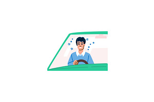 Happy man driving car enjoying trip, a Transportation Illustration by pikepicture