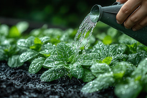 Watering green plants in a lush gard, a Photo by Tanuart