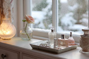 Cozy winter vanity scene with beauty products, rose, and perfume, a Photo by Studio ANNA