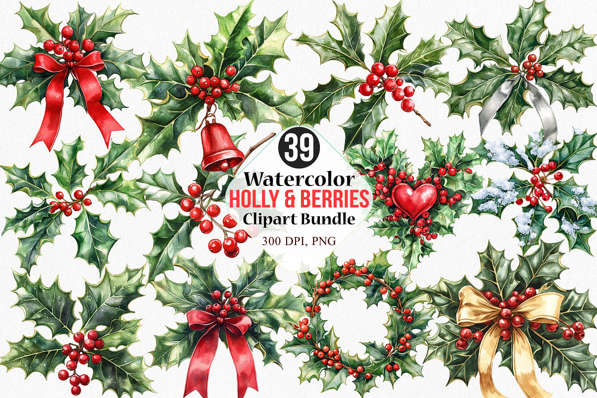 Watercolor Holly & Berries Clipart, an Illustration by Canvas Craft (Photo 1 of 8)