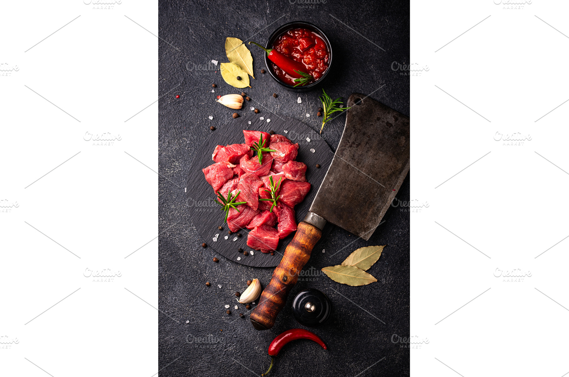 Raw beef meat and ingredients for, a Food & Drink Photo by Yulia Furman