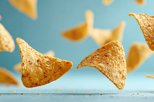 Crispy tortilla chips float in air, a Food & Drink Photo by MistyDay