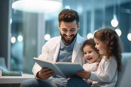 Happy paediatrician playing and reading with kids, volunteer work, a Photo by Antonina Vlasova