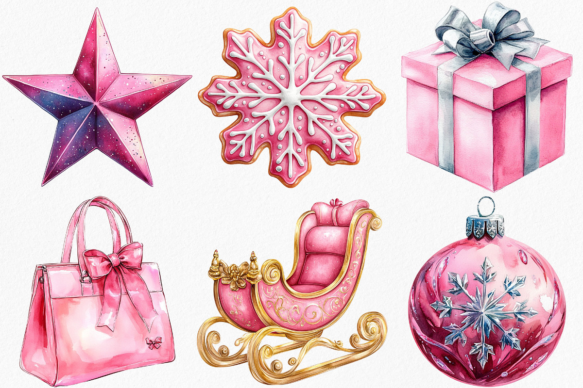 Watercolor Pink Christmas Clipart, an Illustration by Canvas Craft (Photo 3 of 7)