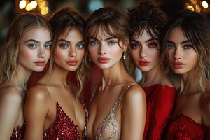 Five women in elegant red evening go, a Photo by Tanuart