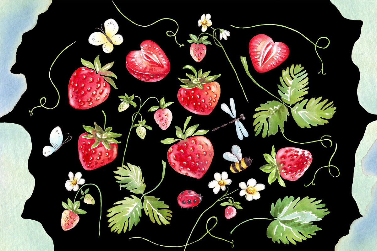 Watercolor strawberry PNG + insects, an Illustration by Alena Kurian (Photo 3 of 3)