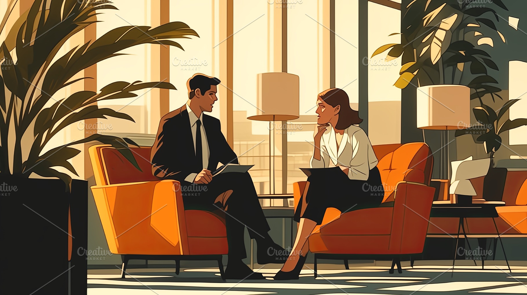 Two professionals discussing business strategies in a modern office lounge sett, a Photo by AS photostudio