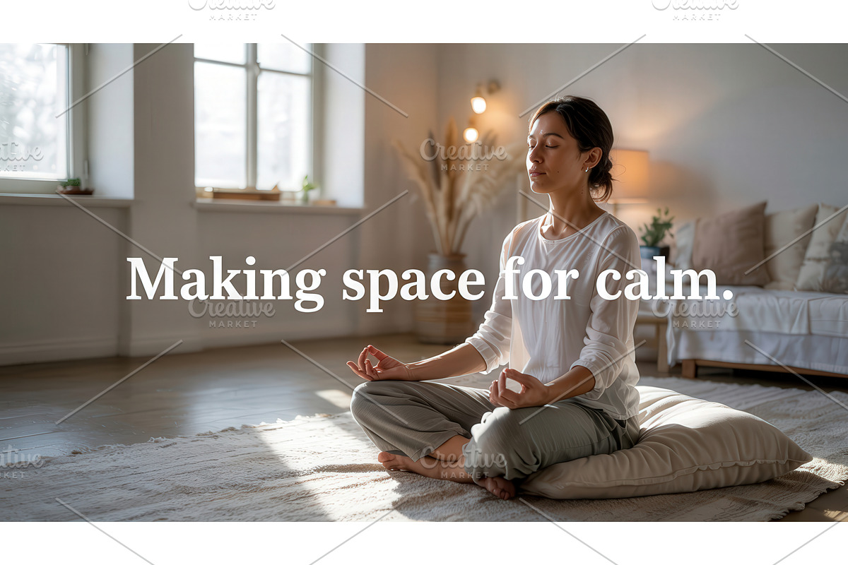 Woman meditating in a serene living, an Illustration by tilialucida