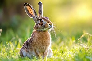 Wild european hare resting in a lush, a Photo by Pavel_design