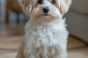 A fluffy, small dog sitting calmly on a textured rug, exuding an adorable charm, an Animal Photo by ImageMir