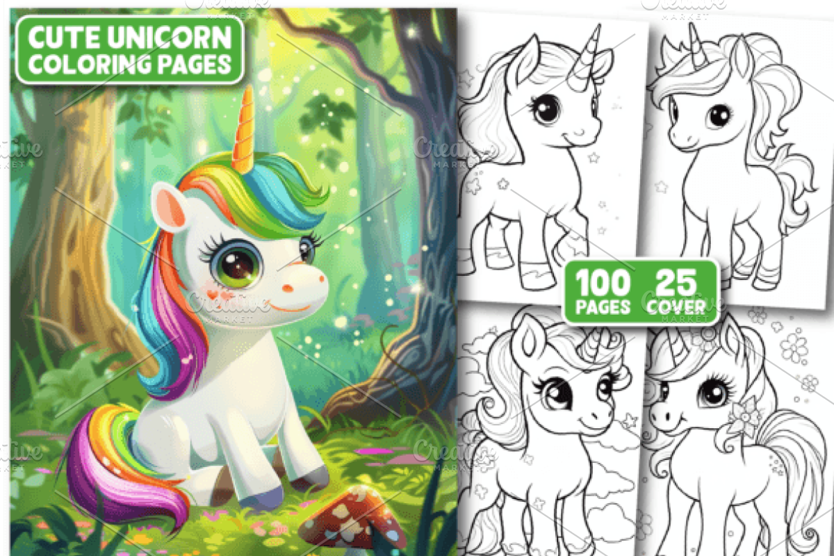 100 Cute Unicorn Coloring Pages, an Animal Illustration by Design Station (Photo 1 of 4)