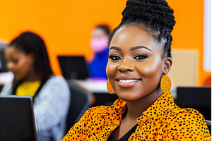 Cheerful African Woman Smiles While, a Person Photo by Lermont51