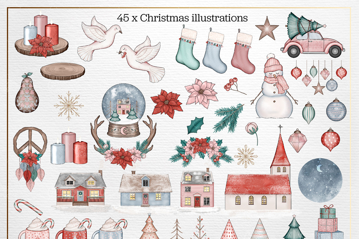Boho Christmas clipart & pattern set, an Illustration by Gaynor Carradice Designs (Photo 2 of 3)