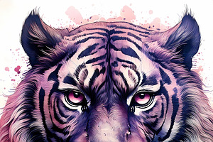 Majestic roaring tiger portrait with intense pink and purple ton, an Animal Illustration by GoodGoods