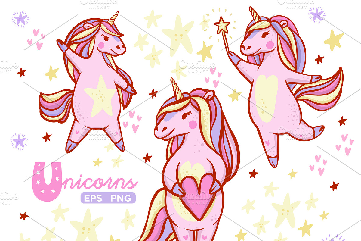 3 Pink Unicorns Cute Clipart, an Illustration by Eereen Studio (Photo 1 of 2)