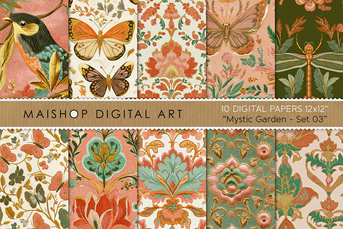 Embroidered Floral & Fauna Patterns, a Pattern Graphic by Maishop (Photo 1 of 3)