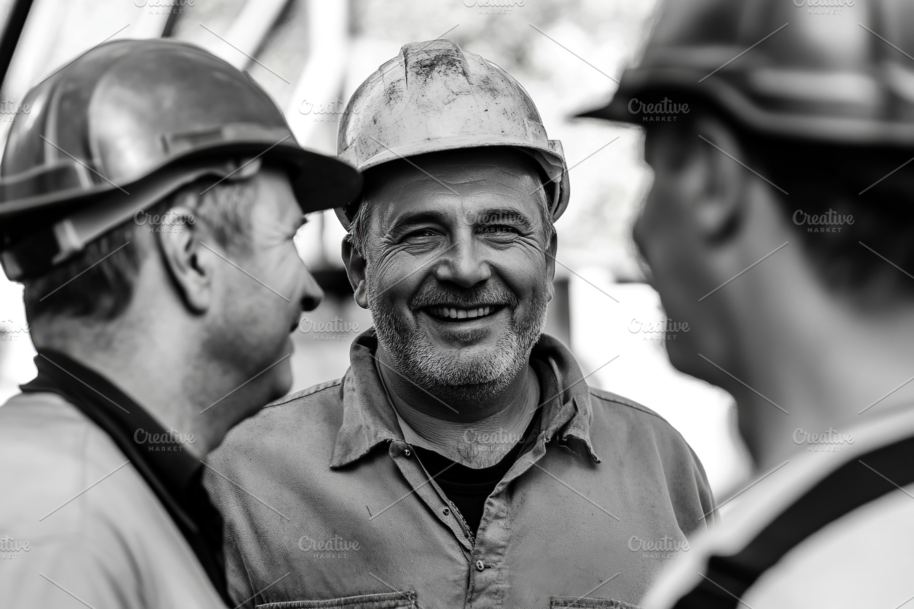 Three male workers share smiles while discussing their day at the construction, an Industrial Photo by AlyaAnd