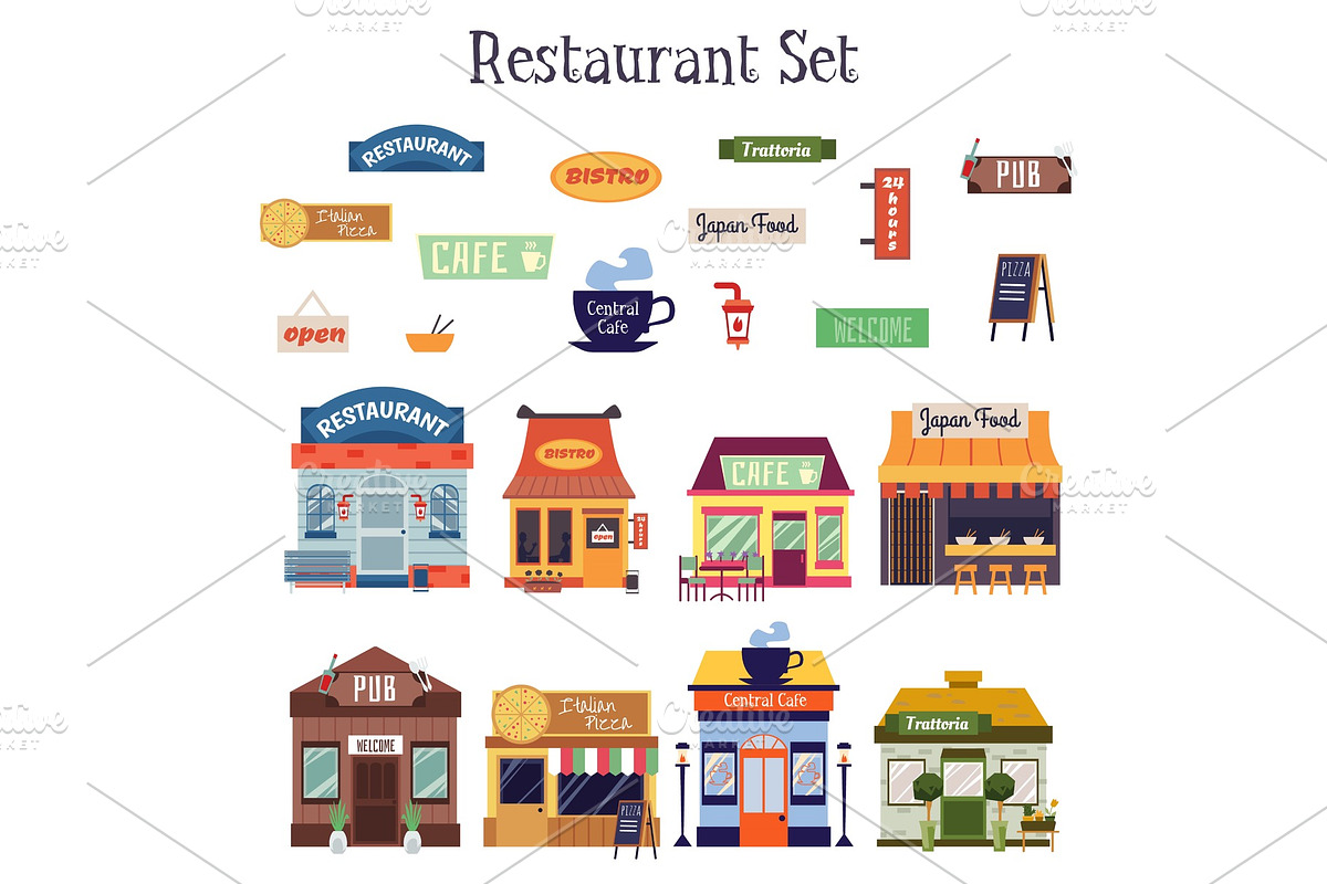 Flat cartoon restaurant building, a Food Illustration by Sabelskaya