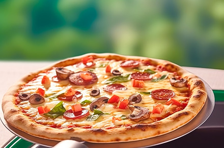 Pizza capricciosa homemade outdoors in the garden, online delive, a Photo by Anneleven