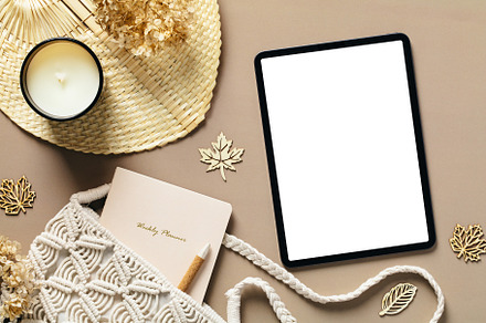 Flat lay, top view feminine workspace with digital tablet mockup, handbag, pape, a Beauty & Fashion Photo by photoguns