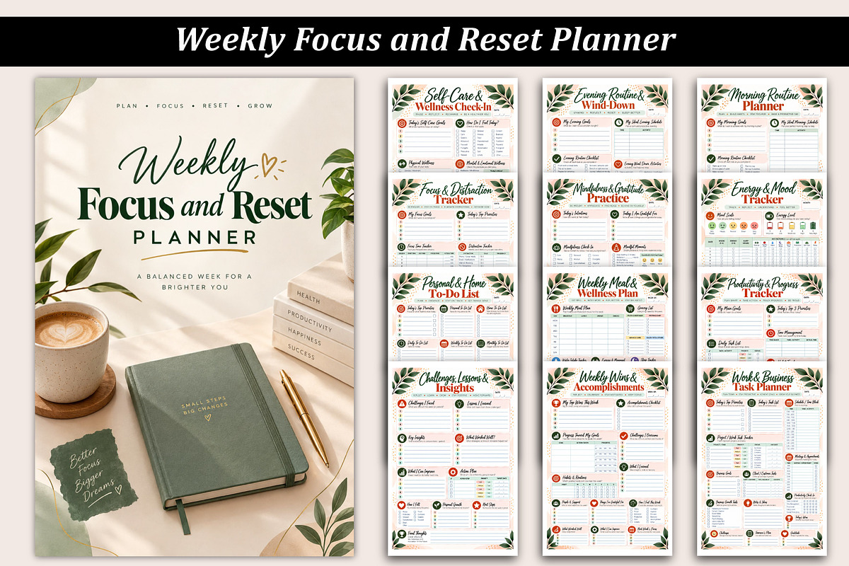 Weekly Focus & Reset Planner, a Stationery Template by Designmela01 (Photo 1 of 5)