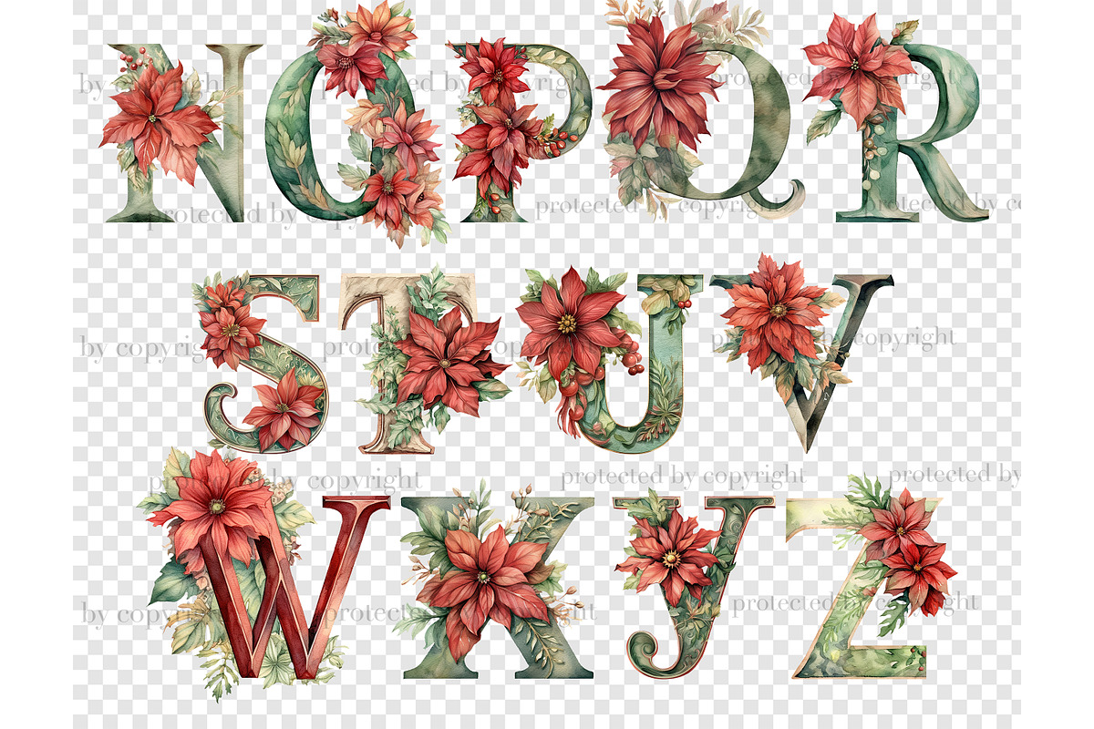 Poinsettia Alphabet | Christmas, a Seasonal Illustration by GlamArtZhanna (Photo 5 of 5)