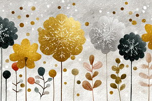 Whimsical floral winter illustration with golden, black, and ora, a Holiday Photo by José Manuel Gelpi