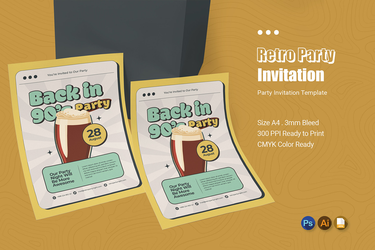 Retro Party Invitation, an Invitation Template by Esensifiksi.studio (Photo 1 of 2)