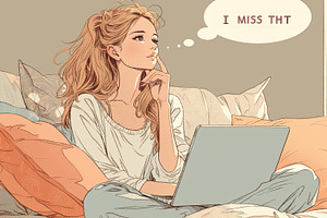 Thoughtful woman sitting with a laptop, reflecting on memories and ideas, an Illustration by AS photostudio
