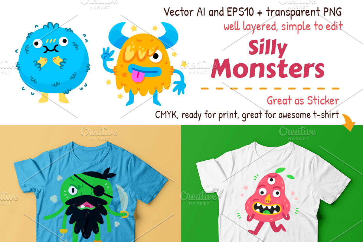 4 Silly Cartoon Monster Characters, an Illustration by Manudesign (Photo 2 of 3)