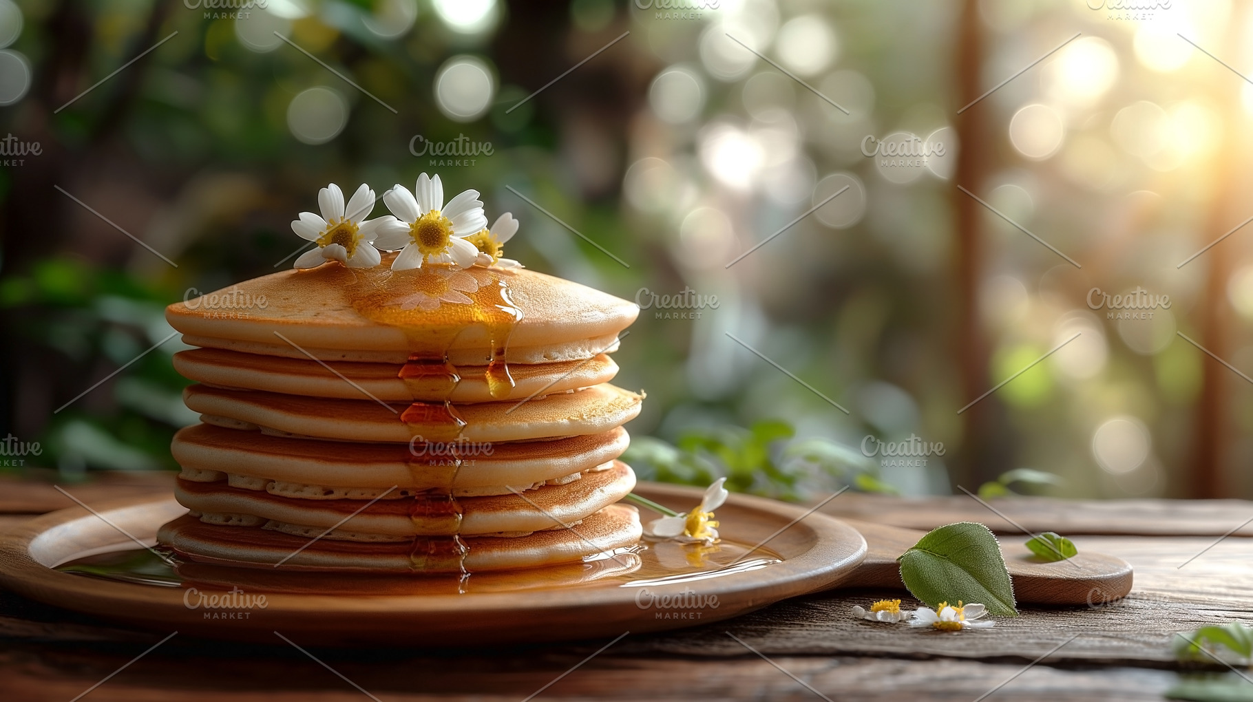 Delicious stack of golden pancakes topped with honey and flowers, a Food & Drink Photo by ImageMir