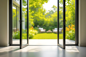 Open glass doors to a summer garden, a Photo by rarrarorro