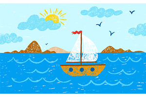 Ship in ocean children drawing, a Transportation Illustration by Valerie Bodnar