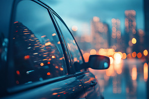 A sleek black car parked under the glow of city lights, creating a mesmerizing, a Background Photo by ImageMir